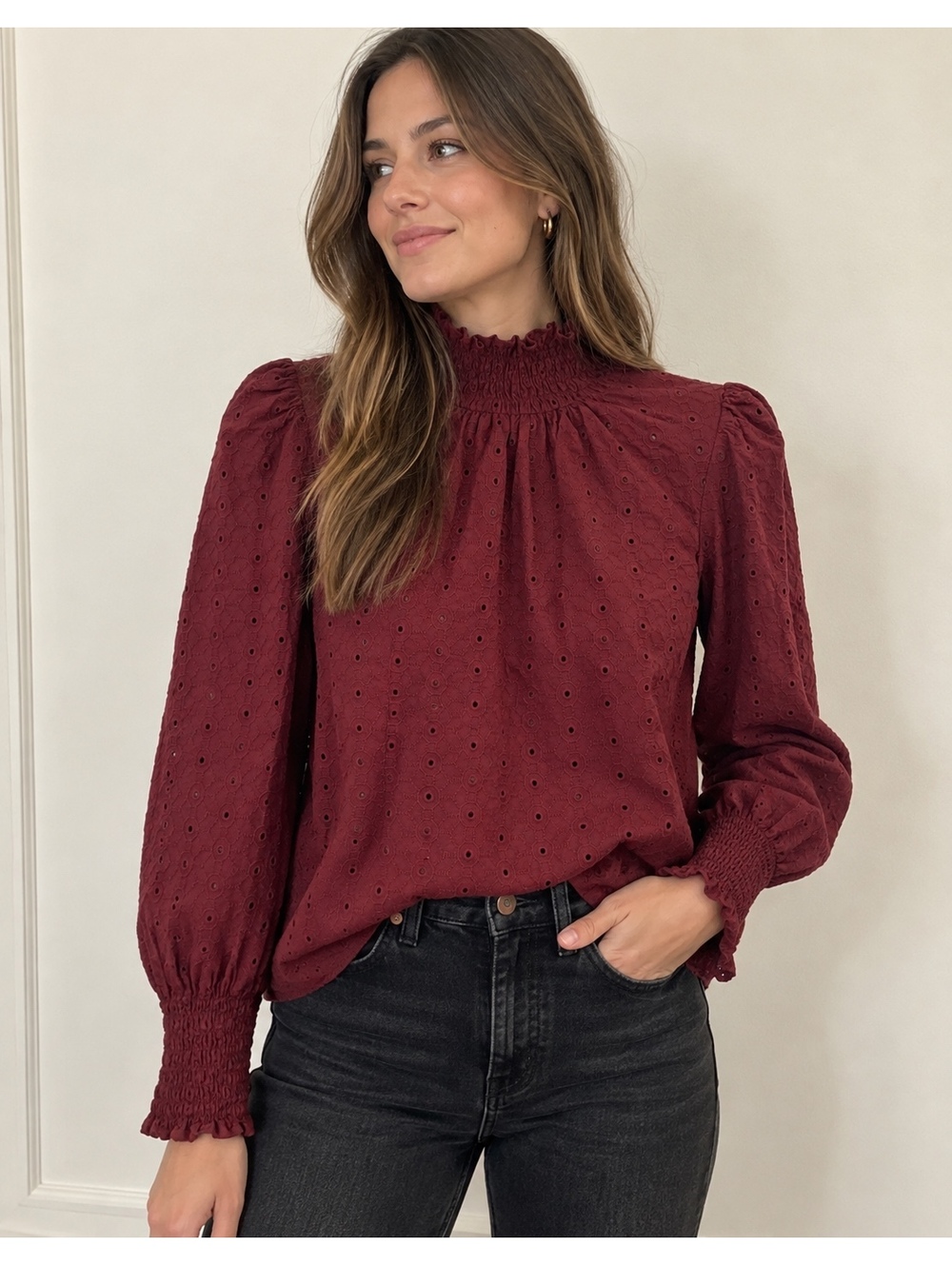 Veronica Beard Burgundy Eyelet Long Sleeve Blouse Size 6